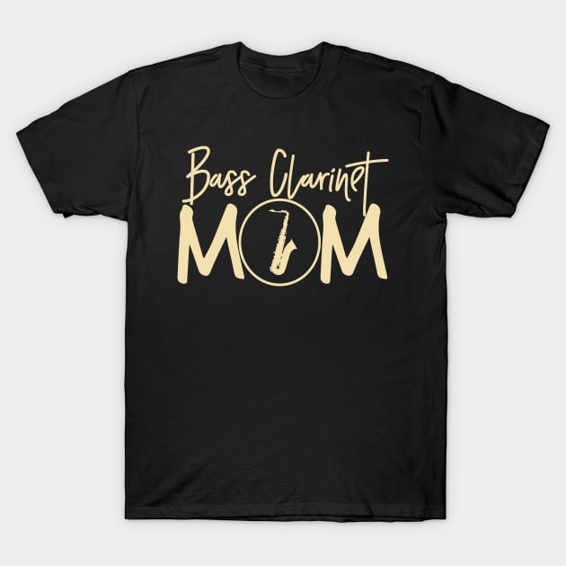 Black t-shirt with "Bass Clarinet Mom" design in beige text, perfect for musicians, made of soft cotton.