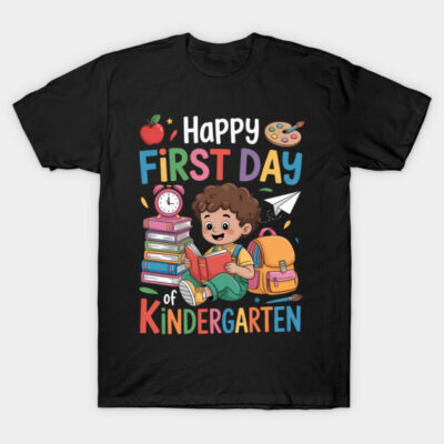 Black T-shirt with colorful "Happy First Day of Kindergarten" design featuring books and a backpack.