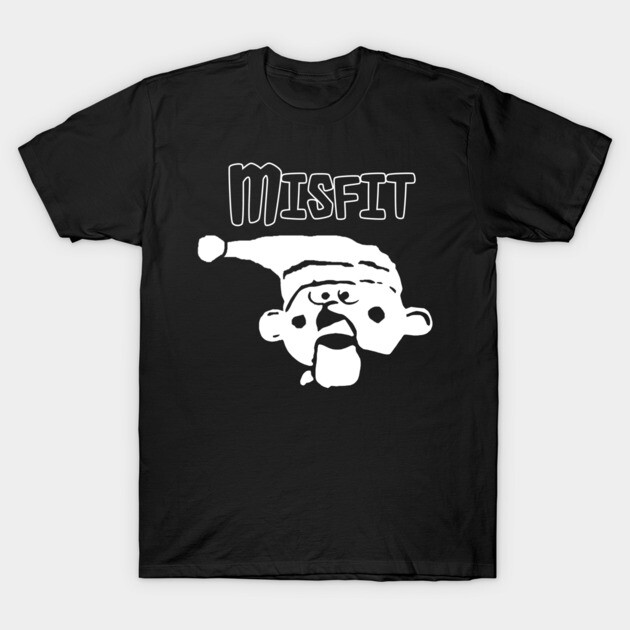 Black t-shirt with "Misfit" text and festive cartoon design, casual wear, cotton material, unisex style.