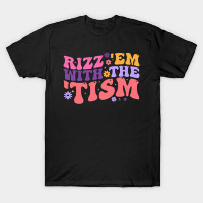 Black graphic t-shirt with colorful retro text design, casual unisex apparel, cotton material.