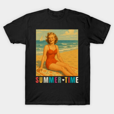 Black t-shirt with vintage beach design, featuring a woman in a red swimsuit and "Summertime" text. Perfect for casual wear.