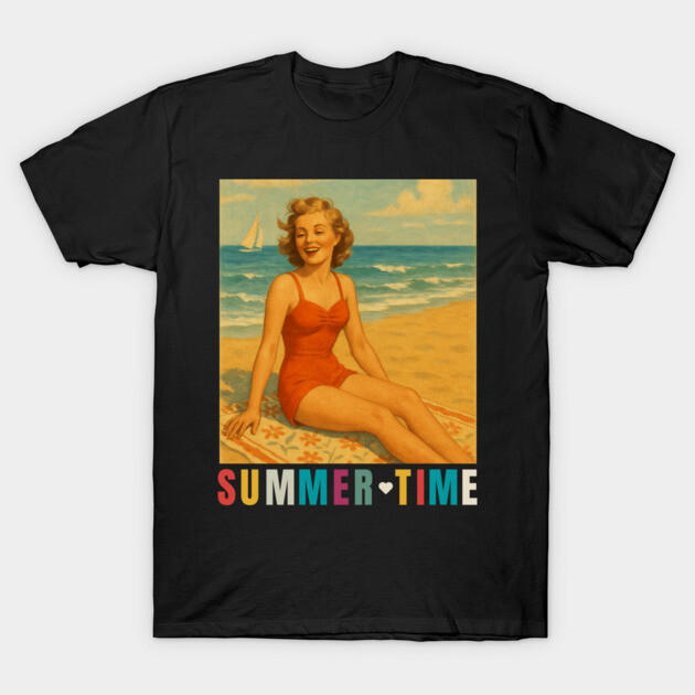 Black t-shirt with vintage beach design, featuring a woman in a red swimsuit and "Summertime" text. Perfect for casual wear.