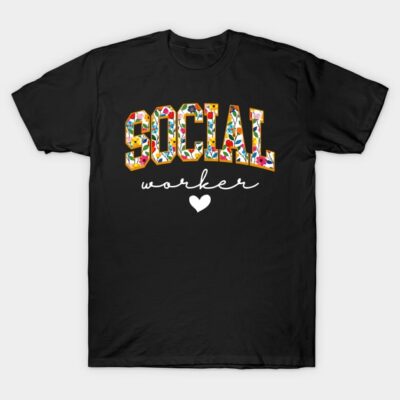 Black t-shirt with "Social Worker" text and heart graphic, colorful font design, cotton material, casual style.