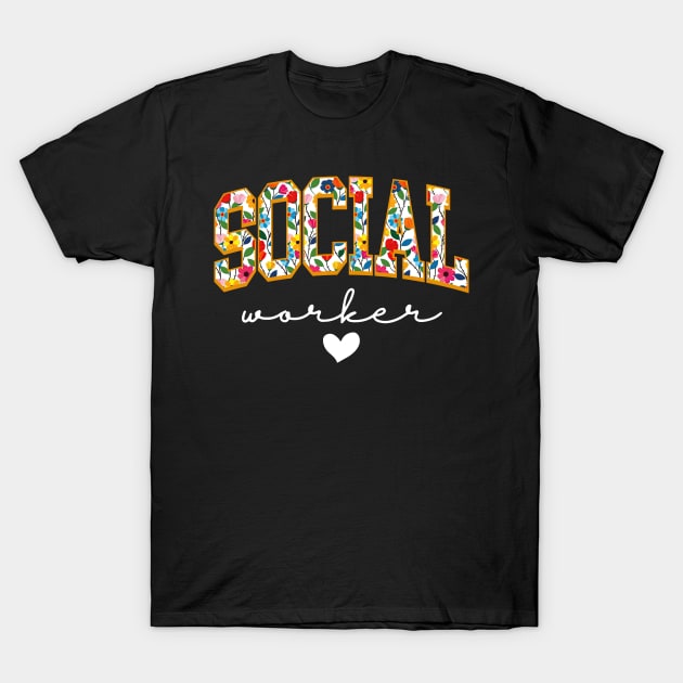 Black t-shirt with "Social Worker" text and heart graphic, colorful font design, cotton material, casual style.