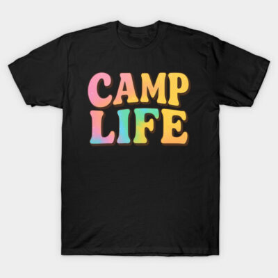 Black T-shirt with colorful "Camp Life" print, casual style, unisex cotton tee for outdoor enthusiasts.