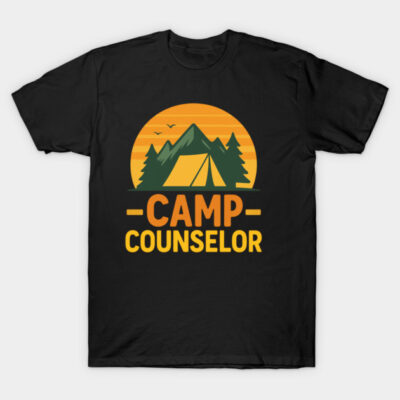 Black "Camp Counselor" t-shirt with sunset, tent, and trees design, perfect for outdoor enthusiasts and camping trips.