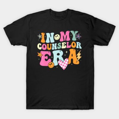 Black unisex t-shirt with colorful "In My Counselor Era" graphic design, casual wear, cotton material.
