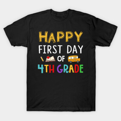 Black T-shirt with colorful "Happy First Day of 4th Grade" print, perfect for back-to-school celebrations.