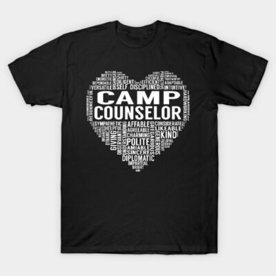 Black "Camp Counselor" T-shirt with heart-shaped word art in white. Ideal for casual wear or camp events.