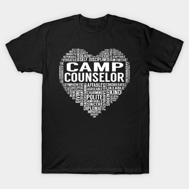 Black "Camp Counselor" T-shirt with heart-shaped word art in white. Ideal for casual wear or camp events.