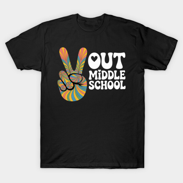 "Black t-shirt with colorful peace sign and 'Out Middle School' text, casual style, perfect for graduates."