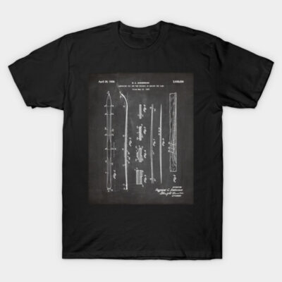 Black cotton t-shirt featuring vintage ski patent design, ideal for casual wear or skiing enthusiasts.