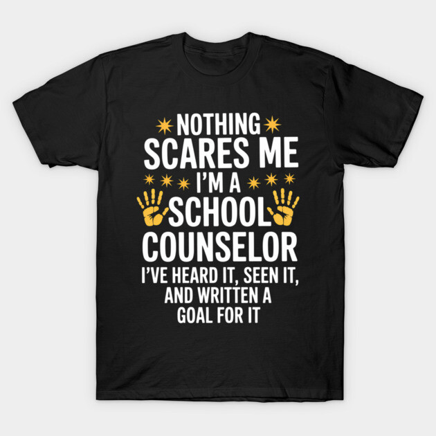 Black school counselor T-shirt with motivational print, featuring white and yellow text, casual style, cotton material.