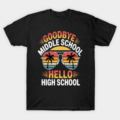 Black t-shirt with "Goodbye Middle School, Hello High School" text and palm tree sunglasses graphic, casual style.