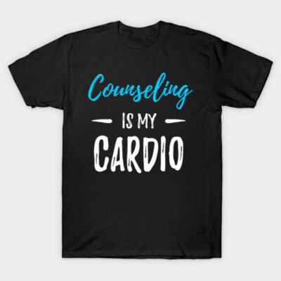 Black t-shirt with "Counseling is My Cardio" text, blue and white print, casual style, cotton material.