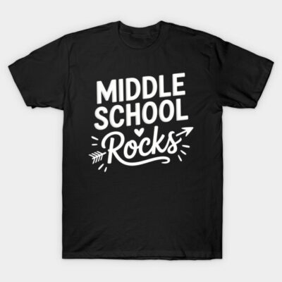 Black cotton t-shirt with "Middle School Rocks" slogan in white, casual style, ideal for school events.