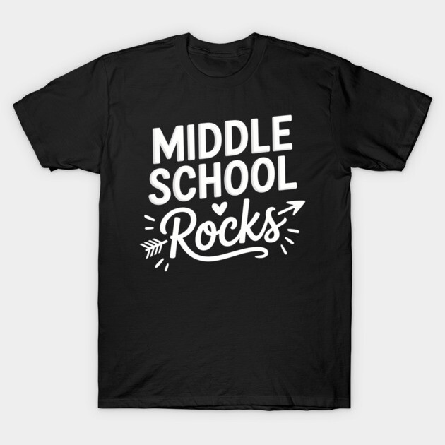 Black cotton t-shirt with "Middle School Rocks" slogan in white, casual style, ideal for school events.