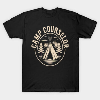 Black "Camp Counselor" t-shirt with beige camping design, featuring a teepee and trees. Ideal for outdoor enthusiasts.