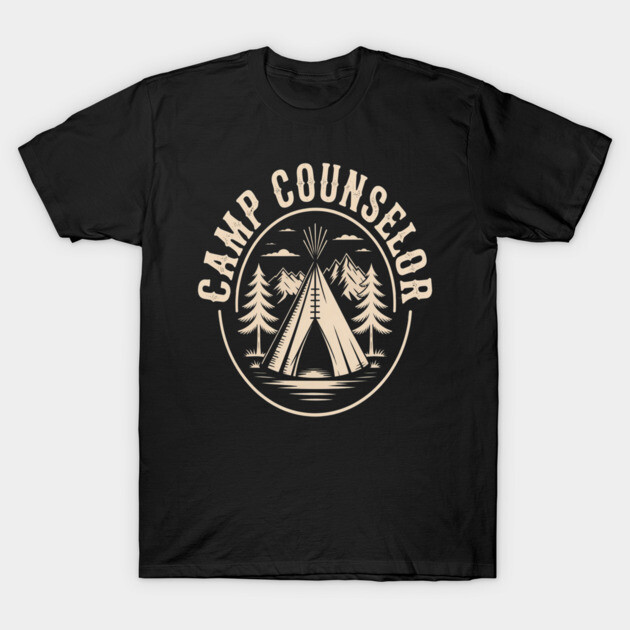 Black "Camp Counselor" t-shirt with beige camping design, featuring a teepee and trees. Ideal for outdoor enthusiasts.