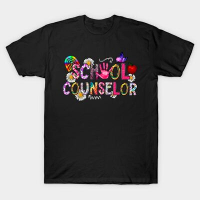 Black "School Counselor" t-shirt with colorful graphics, casual style, suitable for educators, made from cotton blend.