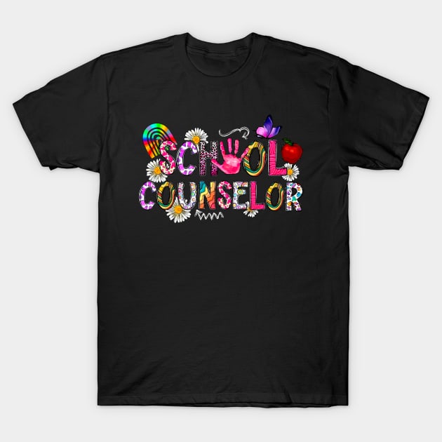 Black "School Counselor" t-shirt with colorful graphics, casual style, suitable for educators, made from cotton blend.