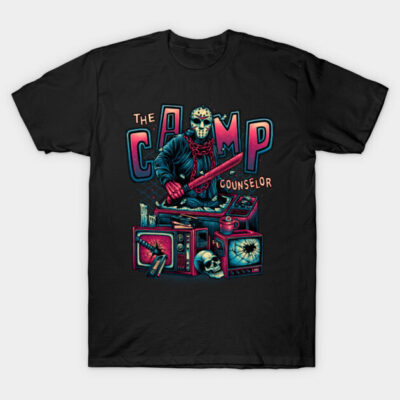 Black graphic t-shirt with horror-themed camp counselor design, featuring vibrant colors and retro elements.