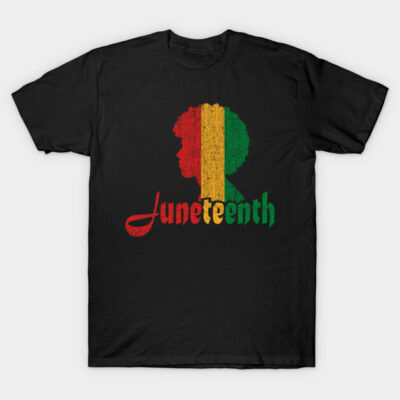 Black Juneteenth T-shirt with colorful silhouette design, cotton material, casual wear.