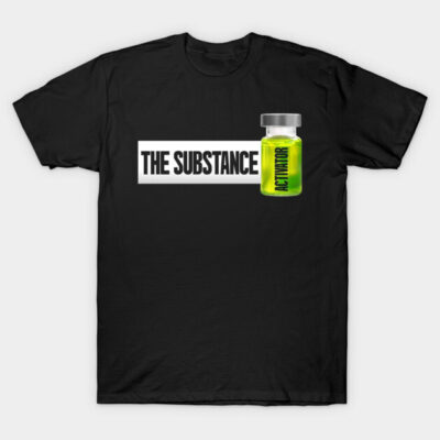 Black T-shirt with "The Substance" text and green activator graphic, casual style, cotton material.