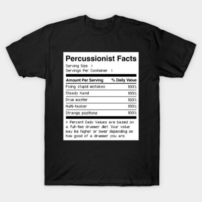 Black "Percussionist Facts" T-shirt, humorous design, perfect for musicians, cotton material, casual wear.