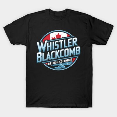 Black Whistler Blackcomb T-shirt, graphic design, casual wear, 100% cotton, British Columbia theme.