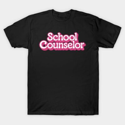 Black "School Counselor" T-shirt with pink text, casual style, comfortable cotton fabric, ideal for educational professionals.