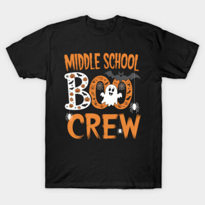 Black "Middle School Boo Crew" Halloween T-shirt with ghost and spider design, perfect for spooky festive events.