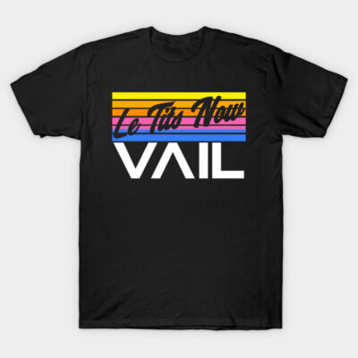 Black graphic t-shirt with colorful retro stripes and bold text design, casual wear for everyday style.