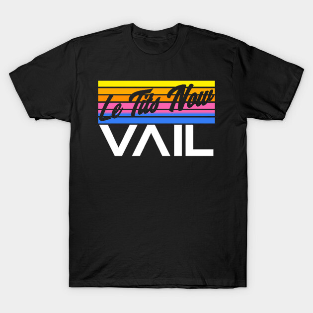 Black graphic t-shirt with colorful retro stripes and bold text design, casual wear for everyday style.