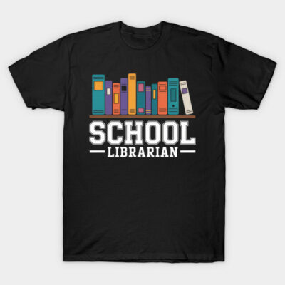 Black T-shirt with colorful book graphics, "School Librarian" text, casual style, ideal for library enthusiasts.