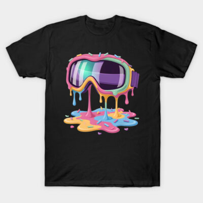 Black t-shirt with colorful melting ski goggles graphic, casual style, made of soft cotton, ideal for everyday wear.