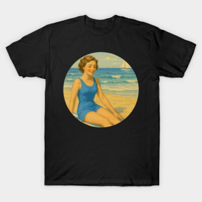 Black t-shirt with vintage beach scene, featuring a woman in a blue swimsuit. Retro summer style graphic tee.