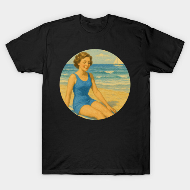 Black t-shirt with vintage beach scene, featuring a woman in a blue swimsuit. Retro summer style graphic tee.