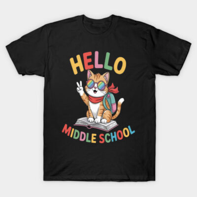 Black T-shirt with colorful "Hello Middle School" text and a cute cat design, ideal for back-to-school fashion.