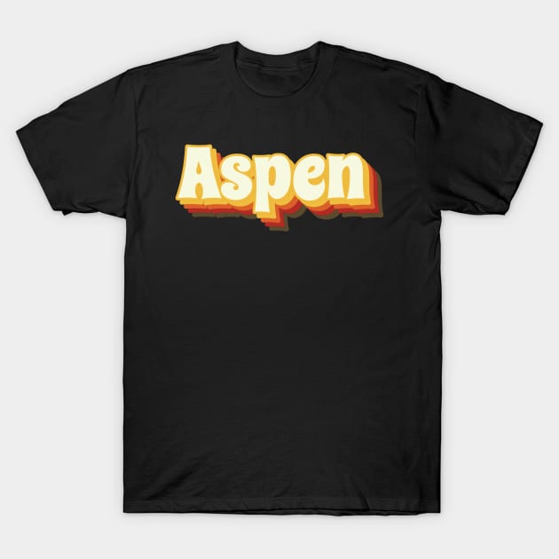 "Black cotton t-shirt with bold yellow 'Aspen' text, casual style, perfect for everyday wear."