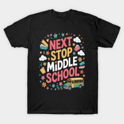 Black t-shirt with "Next Stop Middle School" text, colorful school-themed graphics, perfect for students.