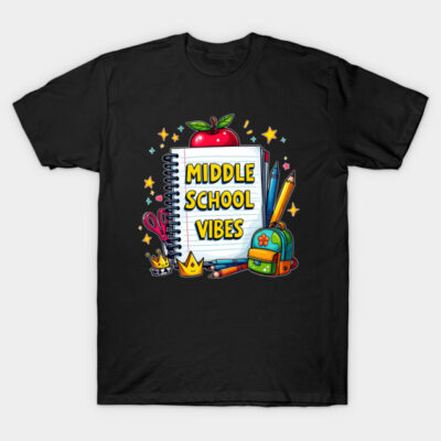 Black t-shirt with "Middle School Vibes" graphic, featuring colorful school supplies and apple design. Casual and trendy.