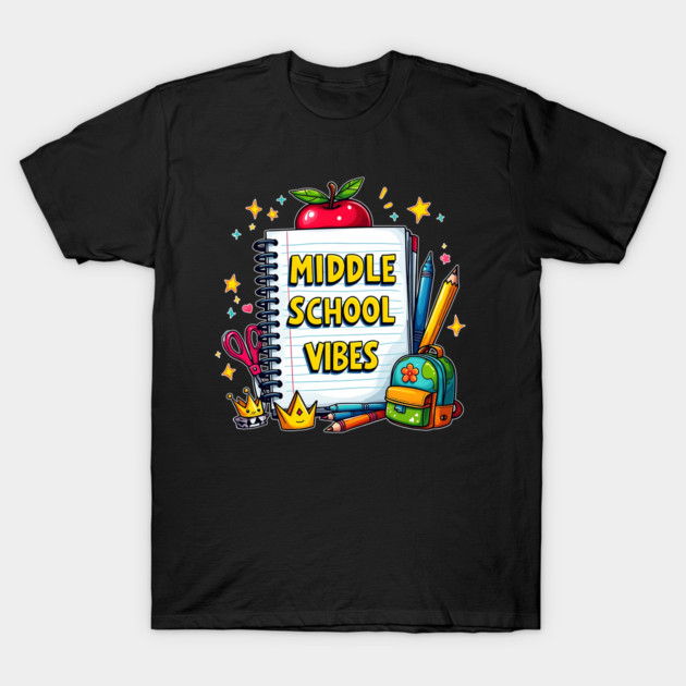 Black t-shirt with "Middle School Vibes" graphic, featuring colorful school supplies and apple design. Casual and trendy.