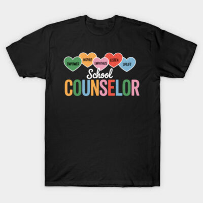 Black School Counselor T-shirt with colorful text and heart design, empowering and inspiring, perfect for casual wear.