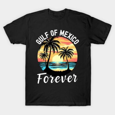 Black Gulf of Mexico Forever T-shirt with sunset and palm trees design, casual wear, 100% cotton.
