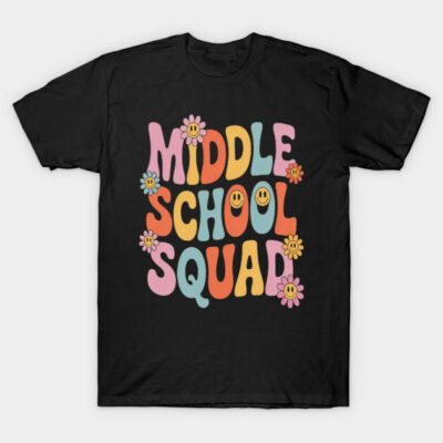 Black "Middle School Squad" T-shirt with colorful retro text and flower graphics, casual style, cotton material.