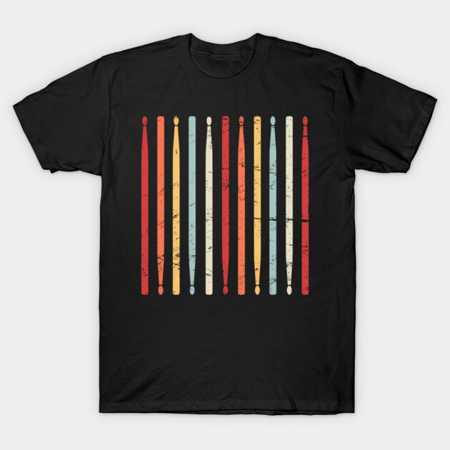 Black T-shirt with colorful drumstick pattern, casual style, cotton material, perfect for music lovers.
