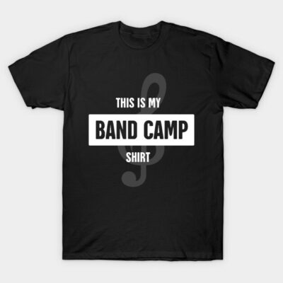 Black "Band Camp" t-shirt with treble clef design, casual style, perfect for music enthusiasts and camp events.