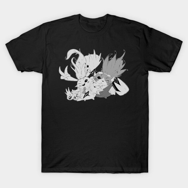 Black graphic t-shirt with abstract white design, casual unisex style, cotton material, suitable for everyday wear.