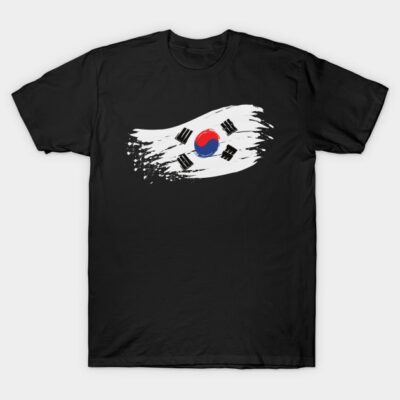 Black t-shirt with artistic South Korean flag design, casual style, cotton fabric, unisex.